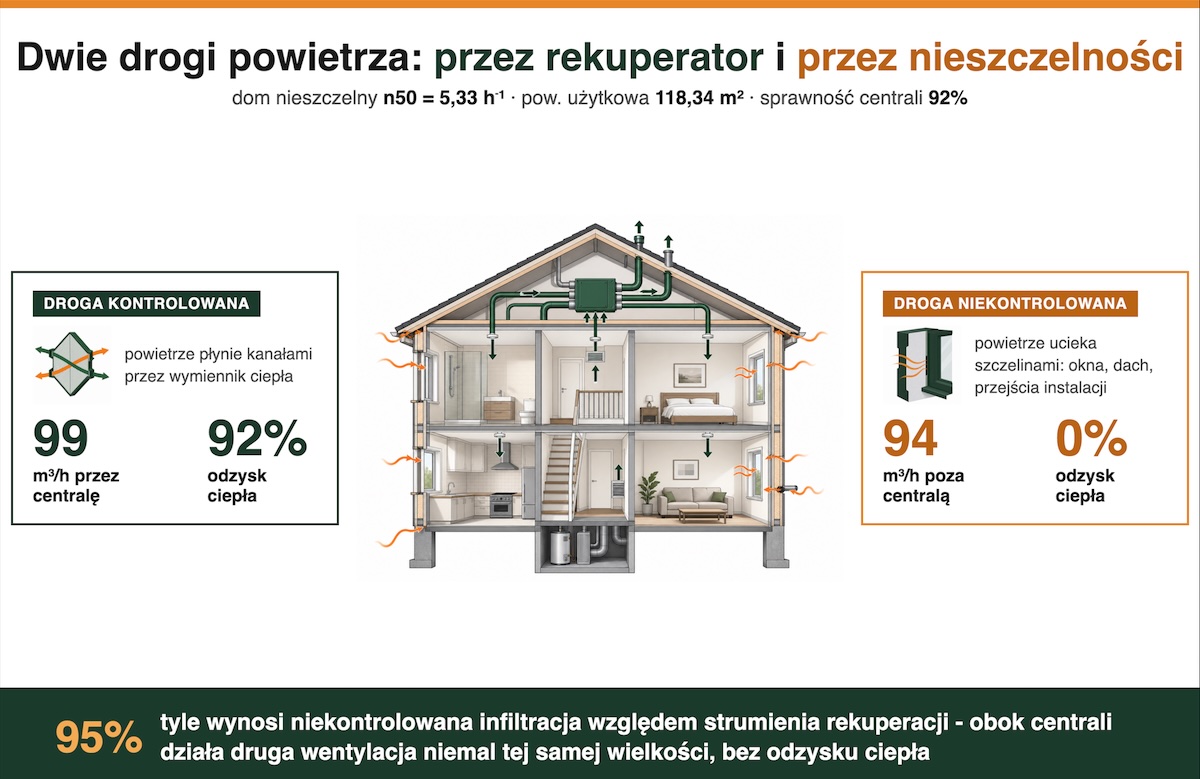 Dwie drogi wymiany powietrza w budynku - rekuperator i nieszczelności
