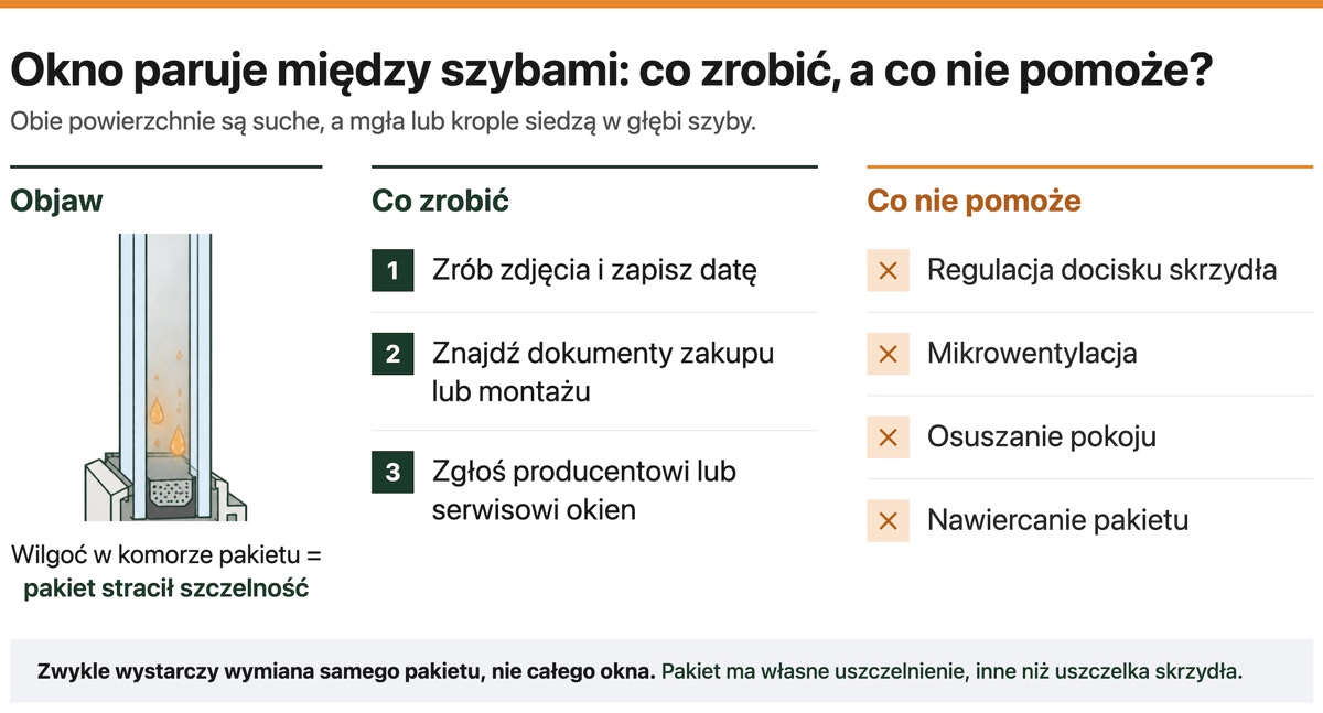 Okno parujące między szybami: przekrój nieszczelnego pakietu, kroki zgłoszenia producentowi i działania, które nie pomogą
