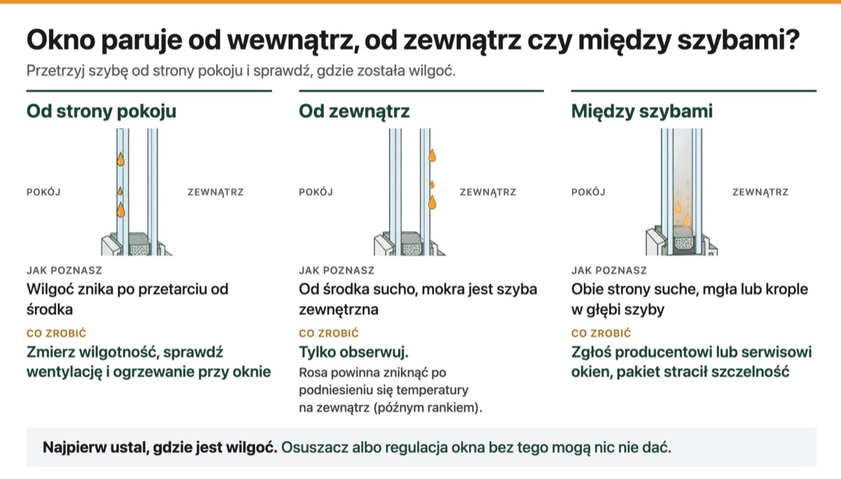 Schemat: jak rozpoznać, czy okno paruje od strony pokoju, od zewnątrz czy między szybami, i co zrobić w każdym przypadku