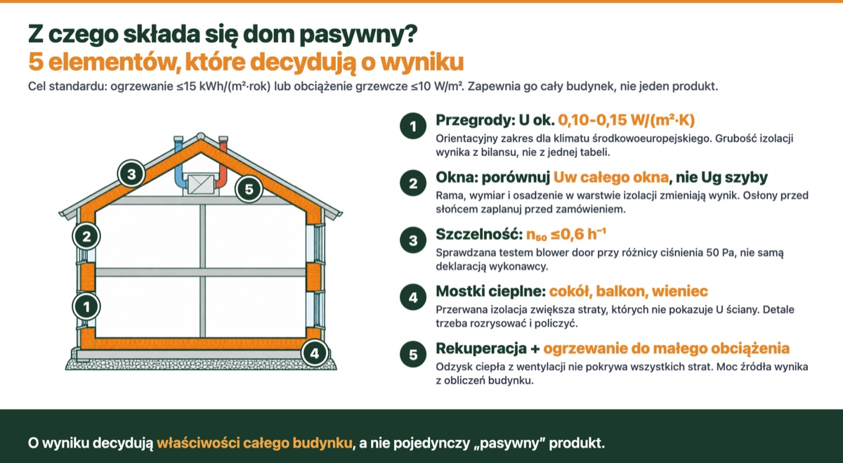 Przekrój domu pasywnego z 5 elementami: przegrody, okna, szczelność, mostki cieplne oraz rekuperacja z ogrzewaniem.